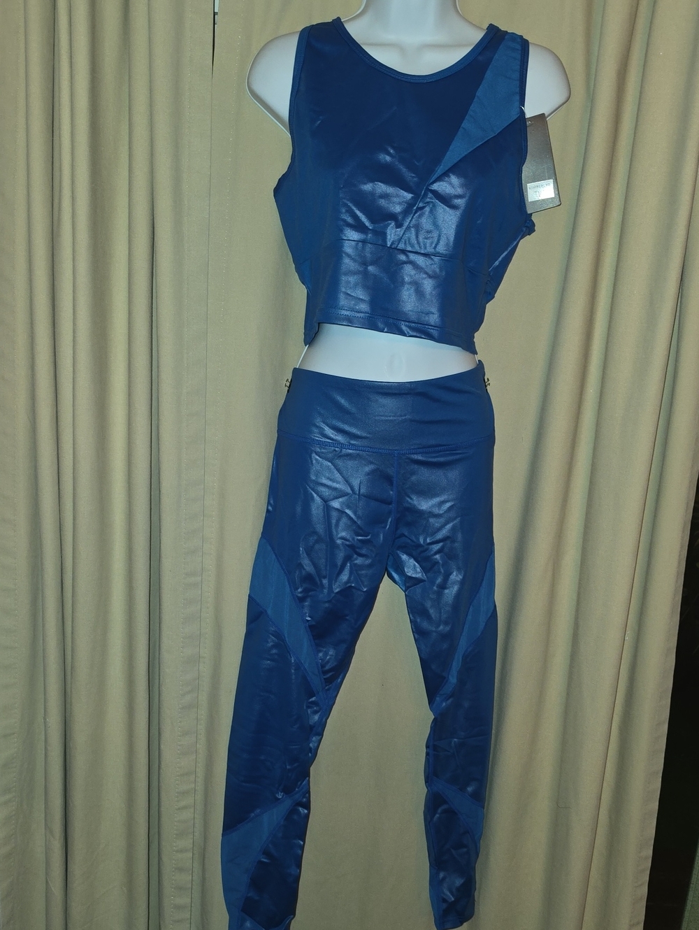 Women’s Blue Faux-Leather Track Pants & Crop Top Set